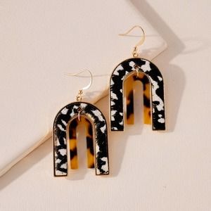 Black White Cow Print Brown Tortoise Arch Dangling Earrings